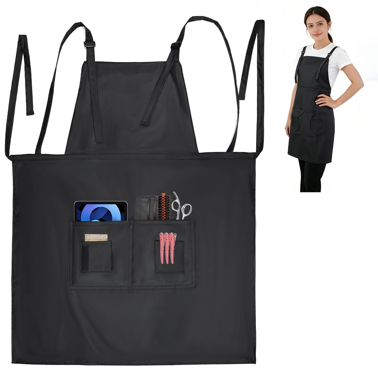 BARBERTOP Hair Stylist Apron for Women/Men, Adjustable Professional Salon Apron with 4-Pocket, For Barber, Hairdresser, Cosmetology, Dog Grooming, Gardening, Cooking, Art Apron Fits All Body Types