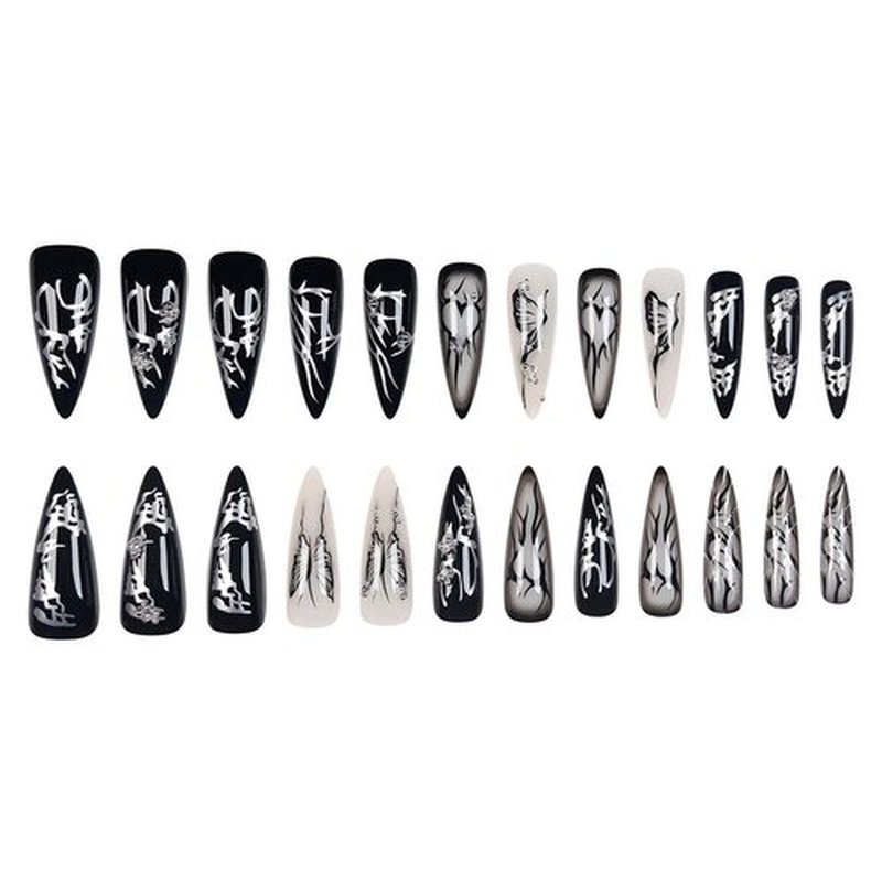 SINHOT Stiletto Press on Nails - Long Fake Nails, Glossy Finish, Black Butterfly & Gothic Style, DIY Artificial False Nail Art - 24 Pcs Nail Kit with Glue