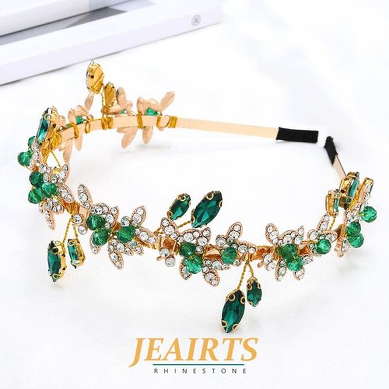 JEAIRTS Emerald Green Rhinestone Headband Gold Wedding Headpiece Hair Accessories for Women