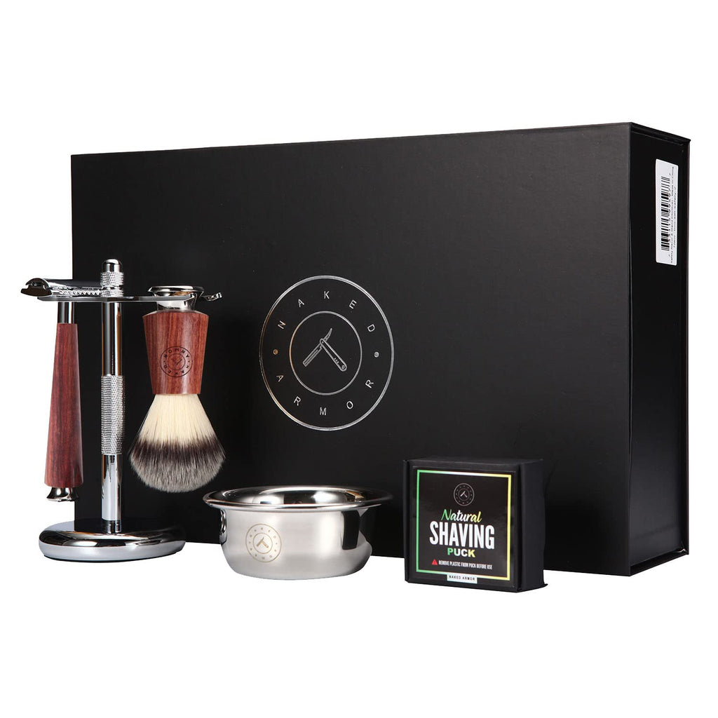 Naked Armor Safety Razor Set for Men – Mahogany Wood Double Edge Razor with Brush, Stand, Bowl, and Organic Soap, Complete Wet Shaving Gift Set