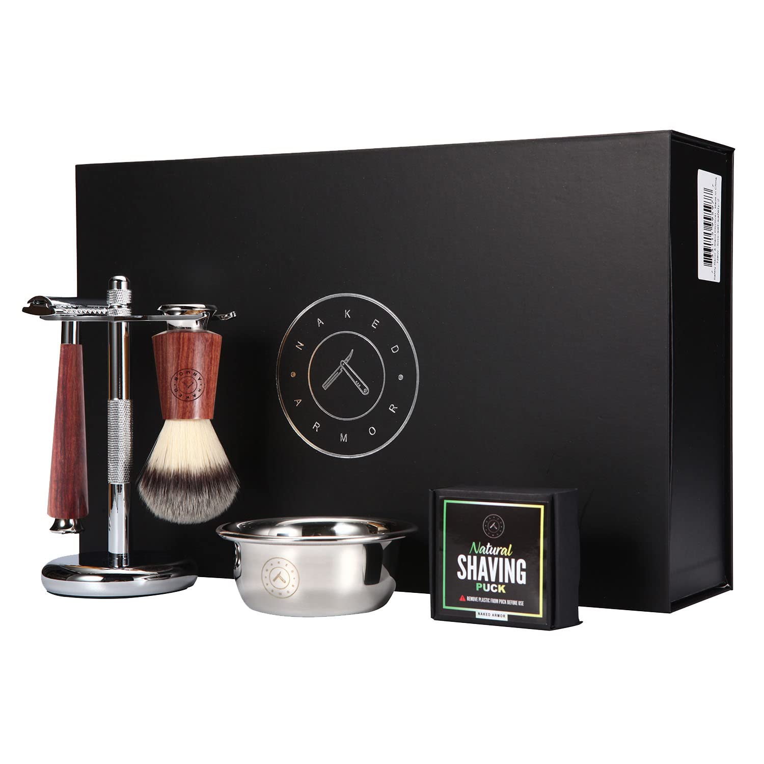 Naked Armor Safety Razor Set for Men – Mahogany Wood Double Edge Razor with Brush, Stand, Bowl, and Organic Soap, Complete Wet Shaving Gift Set