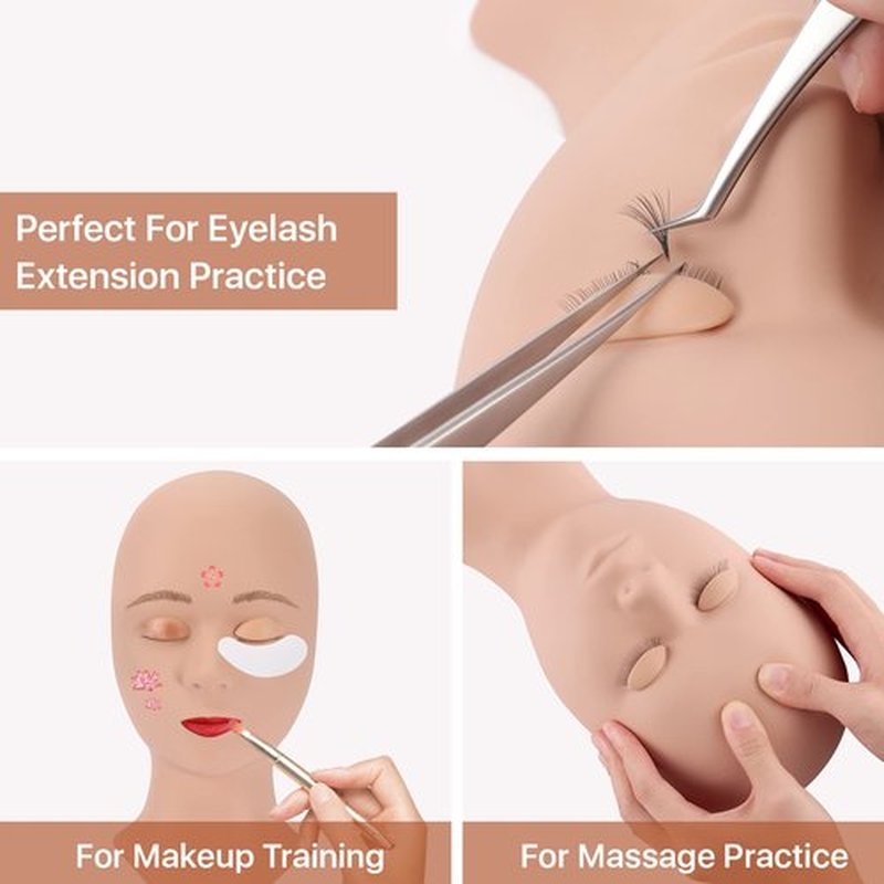 Pretty memory Lash Mannequin Head with 4 Pairs Removable Practice Eyelids, Silicone Eyelash Mannequin Head for Makeup Practice and Lash Extension Training