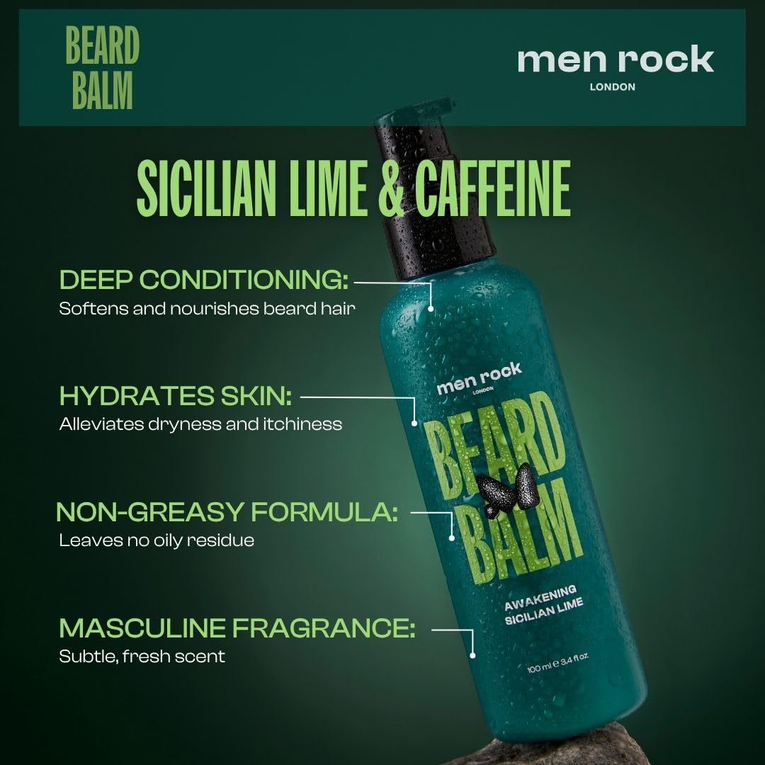 Men Rock Beardy Beloved Awakening Essential Beard Kit - Sicilian Lime - Beard Oil, Balm, and Wash - Mens Face Care - Skincare Products for Men - 3 Pc