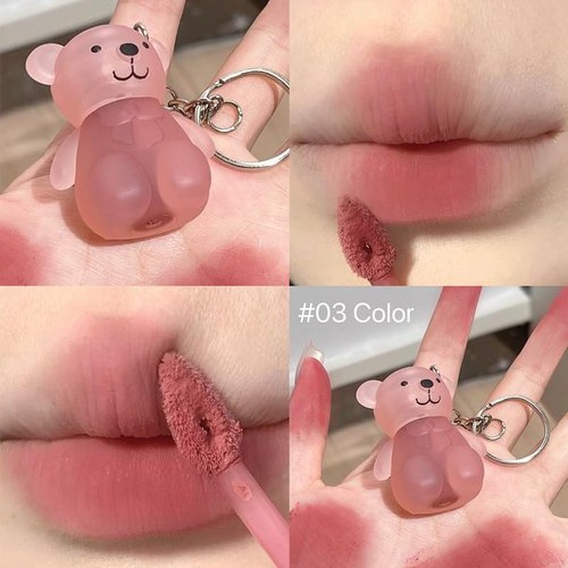 Petansy Velvet Matte Liquid Lipstick, 6 Colors Waterproof Long Lasting Lip Gloss Lip Stain, Cute Bear 2 in 1 Key Chain Lip Gloss, Korean Lip Glaze Natural Lip Makeup