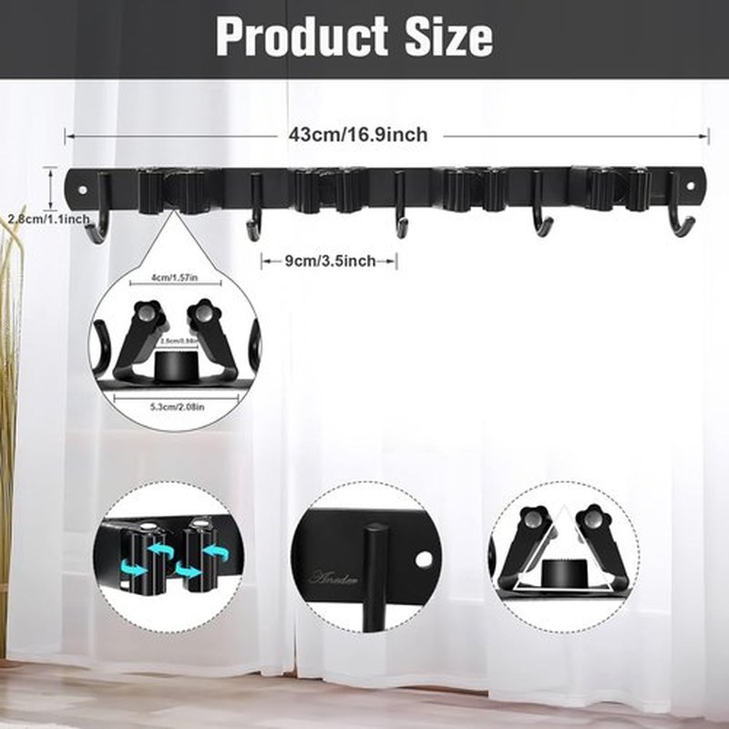 Skiennix Mop and Broom Holder - Wall Mount Organizer with 4 Racks & 5 Hooks | Heavy-Duty Stainless Steel for Home & Garage