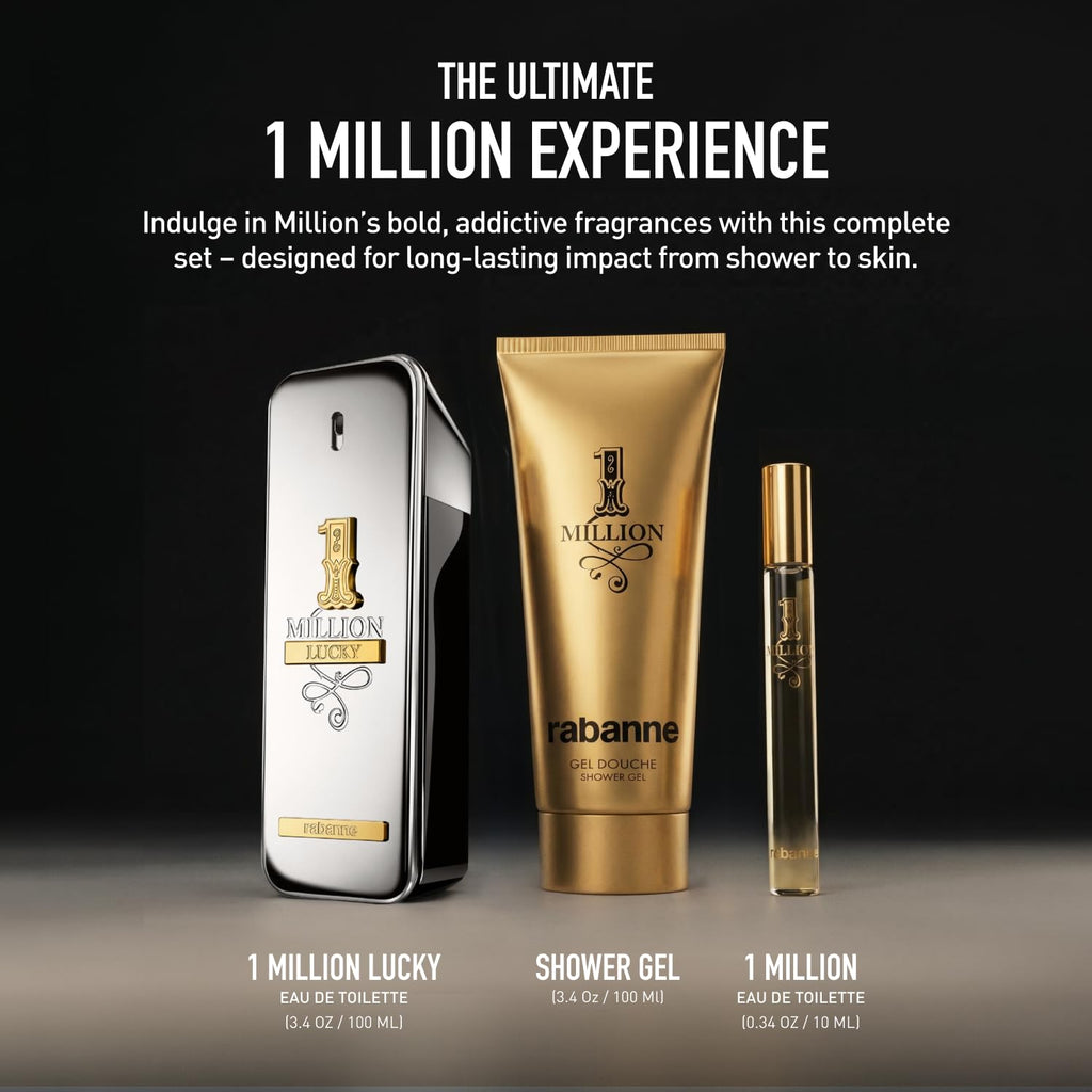 Rabanne 1 Million Lucky Gift Set for Men - Discover Long Lasting Woody Aromatic Eau de Toilette Fragrance + Shower Gel & Travel Cologne Spray - Father's Day, 3 Piece