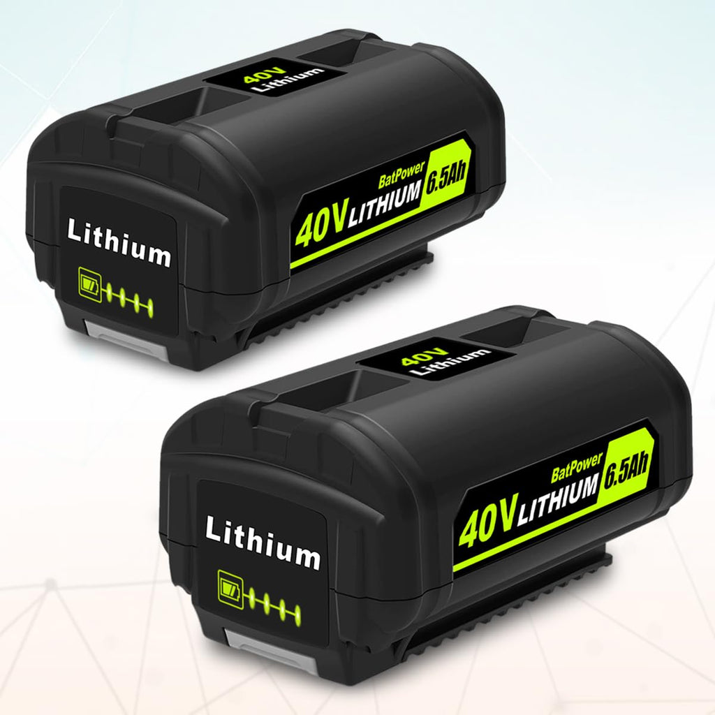 BatPower 2-Pack 40V 6.5Ah Lithium-Ion Replacement Battery and Charger Starter Kit Compatible with Ryobi 40V System, High Capacity Batteries and Charger OP4050A OP401 (3-Piece Set)