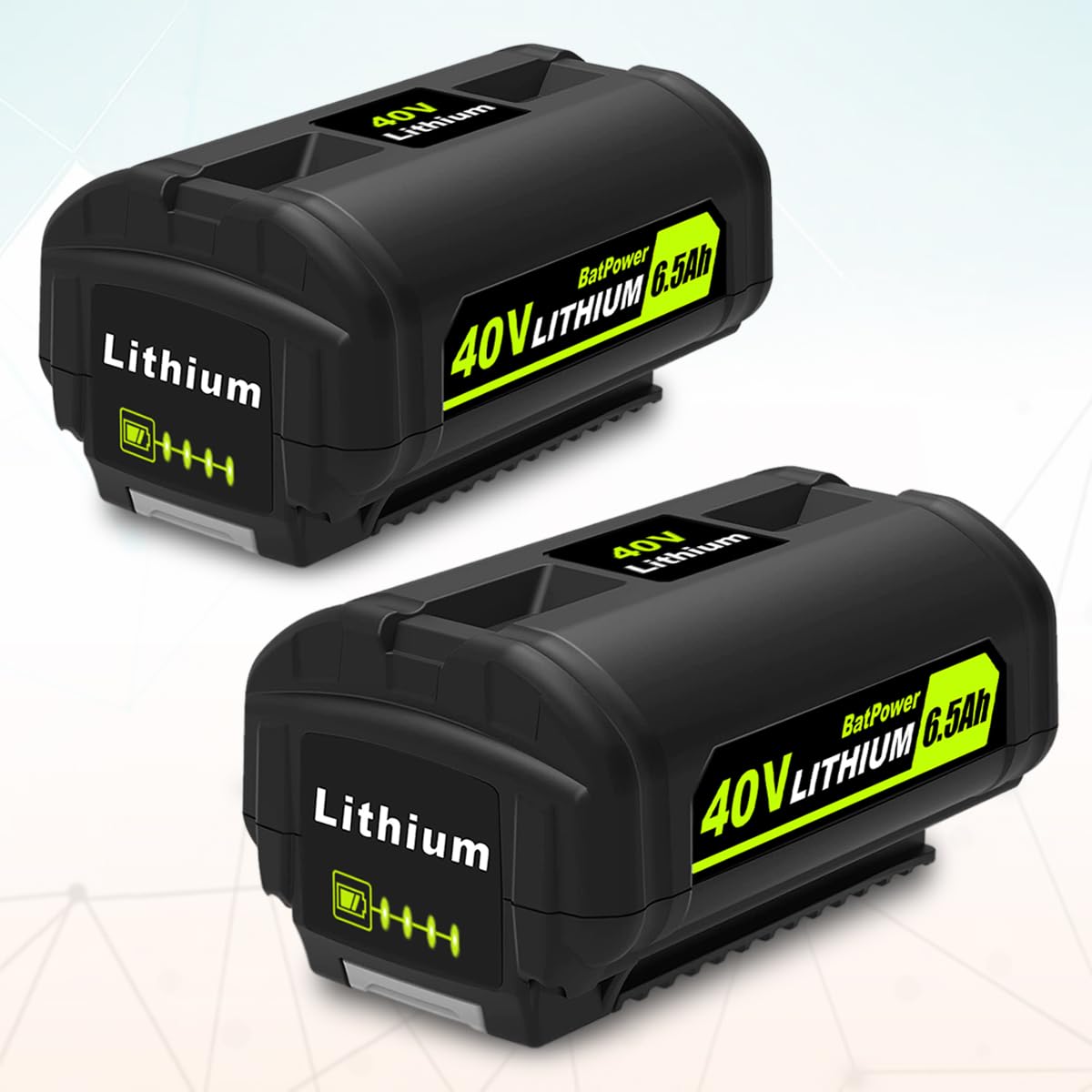 BatPower 2-Pack 40V 6.5Ah Lithium-Ion Replacement Battery and Charger Starter Kit Compatible with Ryobi 40V System, High Capacity Batteries and Charger OP4050A OP401 (3-Piece Set)