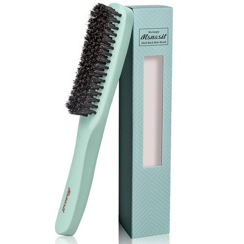 Msnasit Slick Back Hair Brush, Professional Edge Control Brush, Middle Softness Boar Bristle Wooden Handle Hairbrush Smoothing Frizz & Flyaways, Natural Wood Comb for Thin and Fine Hair (Green)