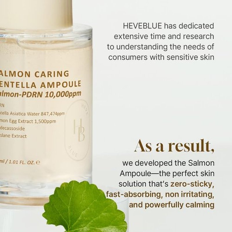 HEVEBLUE Salmon Caring Centella Ampoule - Salmon PDRN, Salmon Egg Extract, Centella, Madecassoside, Calming, Soothing, Restore and Rejuvenate, Sensitive Skin, Korean Skincare