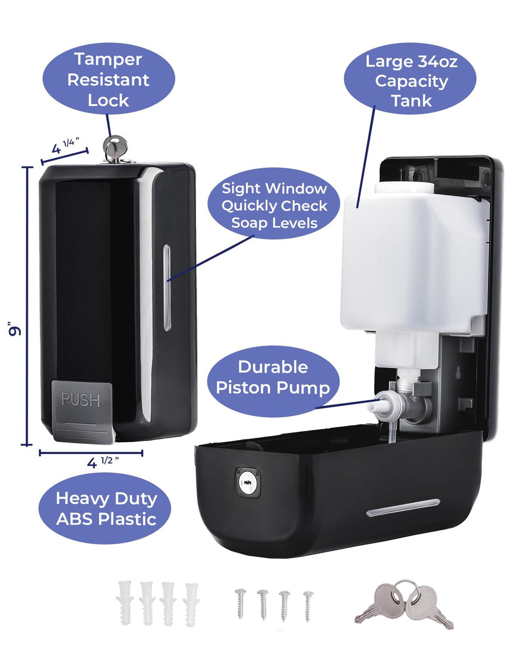 Wall Mounted Soap Dispenser with Large 34 oz. Capacity (2-Pack) - Black Commercial Hand Soap Dispensers or Hand Sanitizer Wall Mount Units That Hold 25 pct More Than Other Brands - ADA Compliant