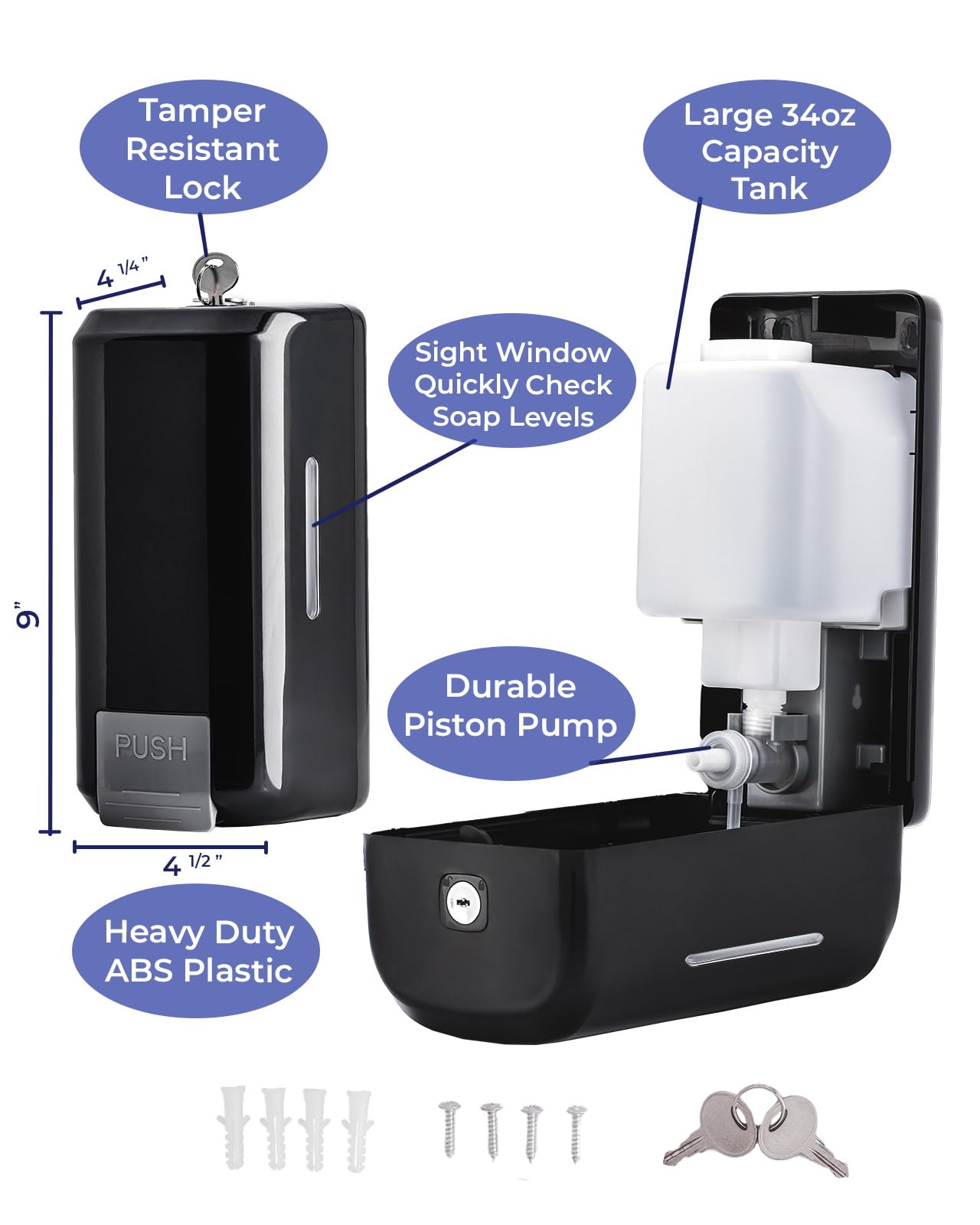 Wall Mounted Soap Dispenser with Large 34 oz. Capacity (2-Pack) - Black Commercial Hand Soap Dispensers or Hand Sanitizer Wall Mount Units That Hold 25 pct More Than Other Brands - ADA Compliant