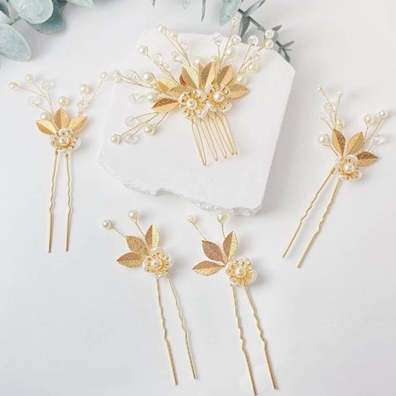 5 Pieces Gold Leaf Hair Comb and Hair Pins, Bridal Hair Accessories Wedding Hair Clip for Brides, Handmade Rhinestone Hair Vine Wedding Head Pieces for Women and Bridesmaids Flower Girls