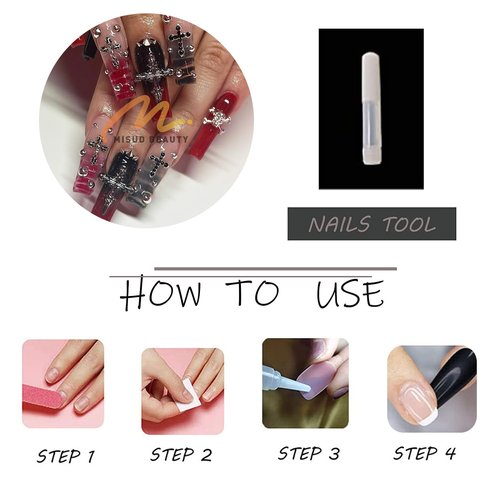 MISUD Press on Nails - Long Square Glue on Nails with Goth Red Black, Acrylic Gothic Y2K Cross Design 24 pcs