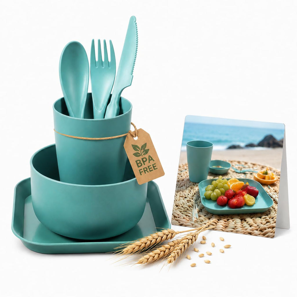 NOLITOY Wheat Straw Dinnerware Set 6 Pcs Plates and Bowls Sets - Microwave Dishwasher Safe Plates Compact Small Unbreakable Dinnerware for Camping, Outdoor Picnic, BPA Free, Blue