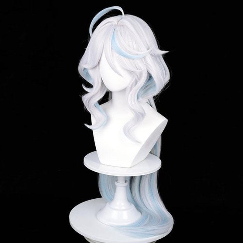 Furina Cosplay Wig for Women White Mixed Blue Wig Focalors Fontaine Blue Highlights Wigs Hair + Elf Ear + Wig Cap for Halloween Comic Con Costume Party