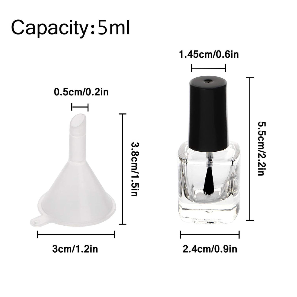 Yebeauty 20 PCS 5ml 0.17oz Empty Nail Polish Bottle, Refillable Clear Glass Bottles Vials Container with Soft Brush Cap Funnels Set for Nail Art Sample, Black