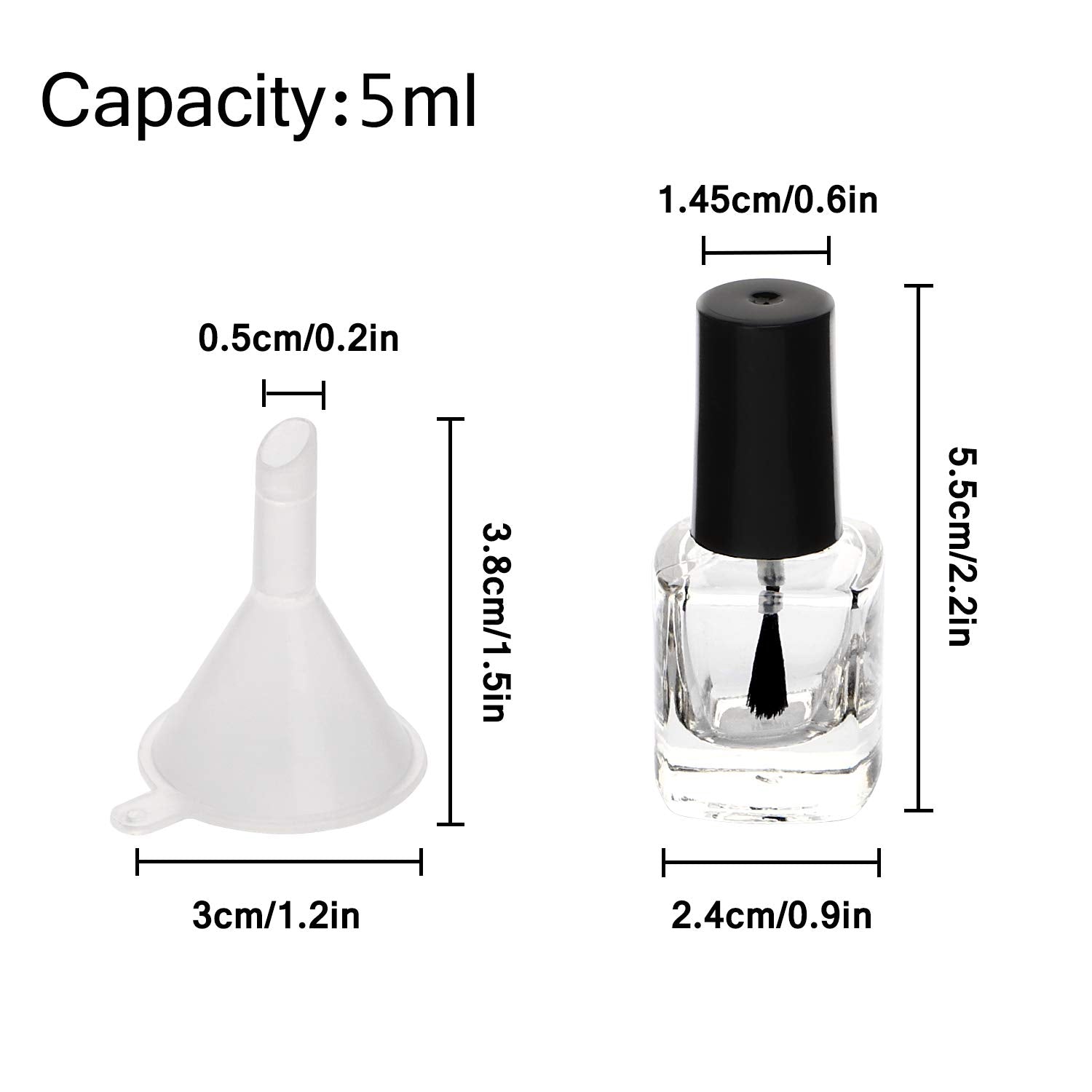 Yebeauty 20 PCS 5ml 0.17oz Empty Nail Polish Bottle, Refillable Clear Glass Bottles Vials Container with Soft Brush Cap Funnels Set for Nail Art Sample, Black