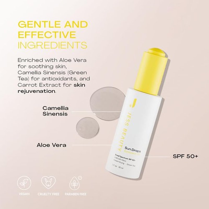 JESS BEAUTY | Face Sunscreen Sun Drops SPF 50 Skin Care Oil with Camellia Sinensis & Squalane | Skincare Fast Drying 1 fl. oz