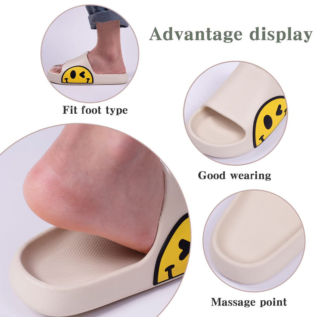Uonesone Womens Slides,Pillow Slippers Sandals for Men,Unisex Non slip Quick Dry Shower Shoes Indoor Outdoor Open Toe Spa Bath Pool Gym House Casual Massage Smile Face Slippers(White 39/40)