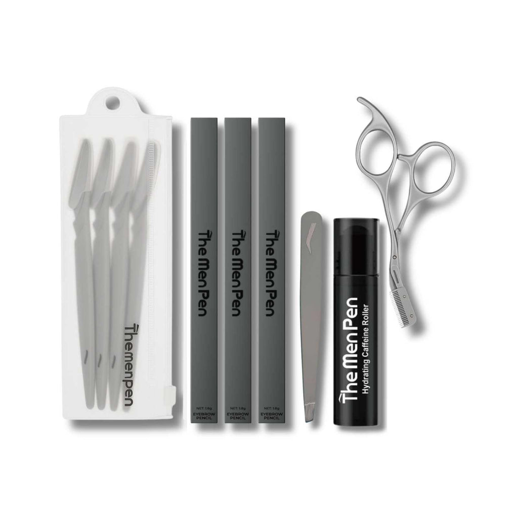 The Men Pen Complete Eyebrow + Hydrating Grooming Kit for Men | Scissors, Hydrating Caffeine Roller, Tweezers, Razors & 3 Eyebrow Filler Pens for Shaping | Trimming & Defining Brows