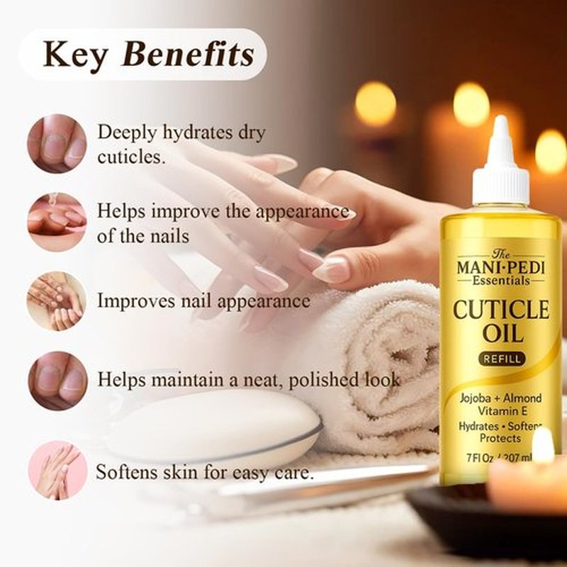 Professional Cuticle Oil Refill/Bulk Pack with special nozzle for easy refilling - 7 Fl Oz. Enriched with Jojoba Oil, Vitamin E & Sweet Almond Oil. Manicurist's Choice for Nourished Nails & Cuticles