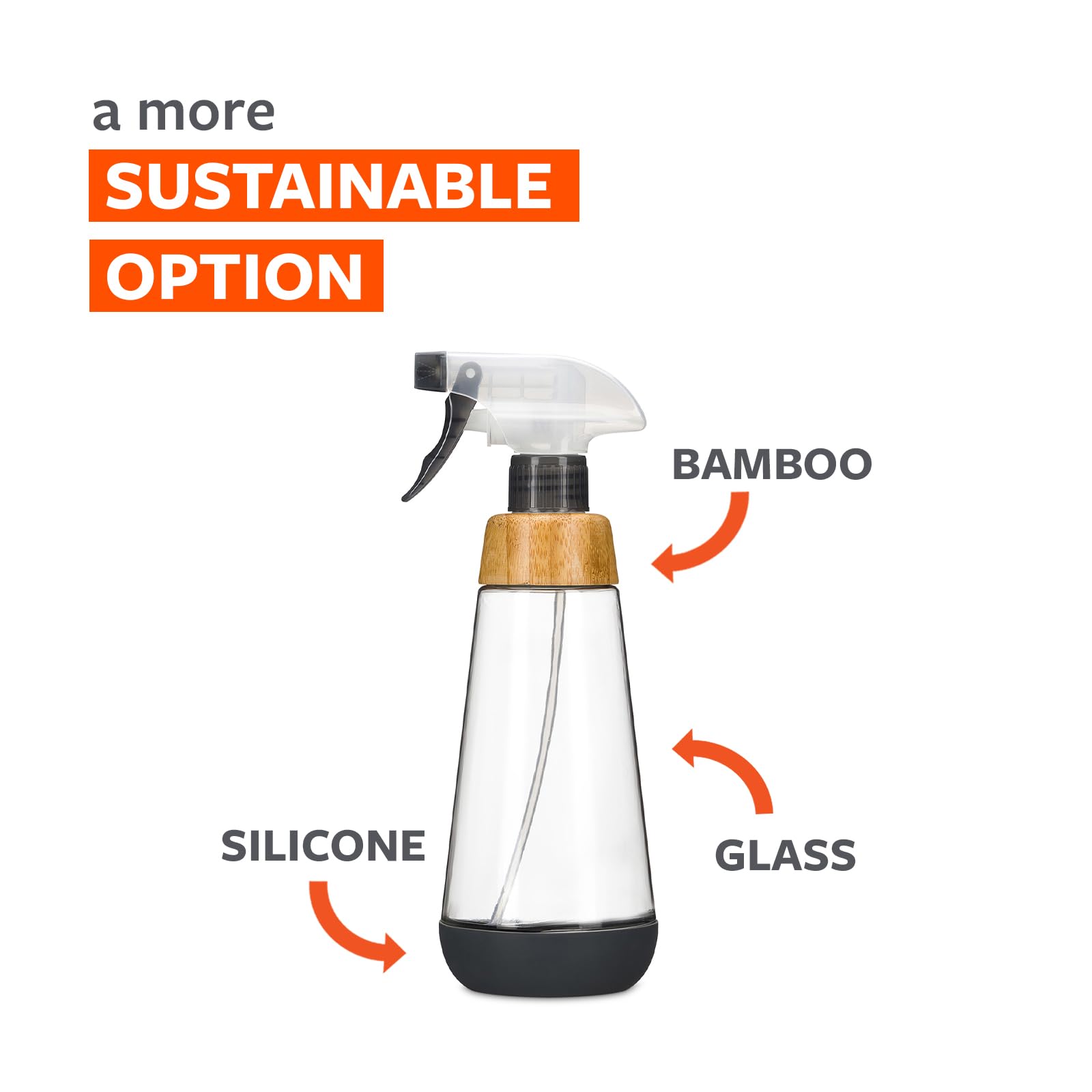 Full Circle Refill-Ready Glass Spray Bottle - Refillable Glass Spray Bottle for Cleaning - Versatile Stream & Mist Options, Bamboo, Silicone Boot-Ideal for Non-Toxic Solutions & Plant Care, 16oz, Gray