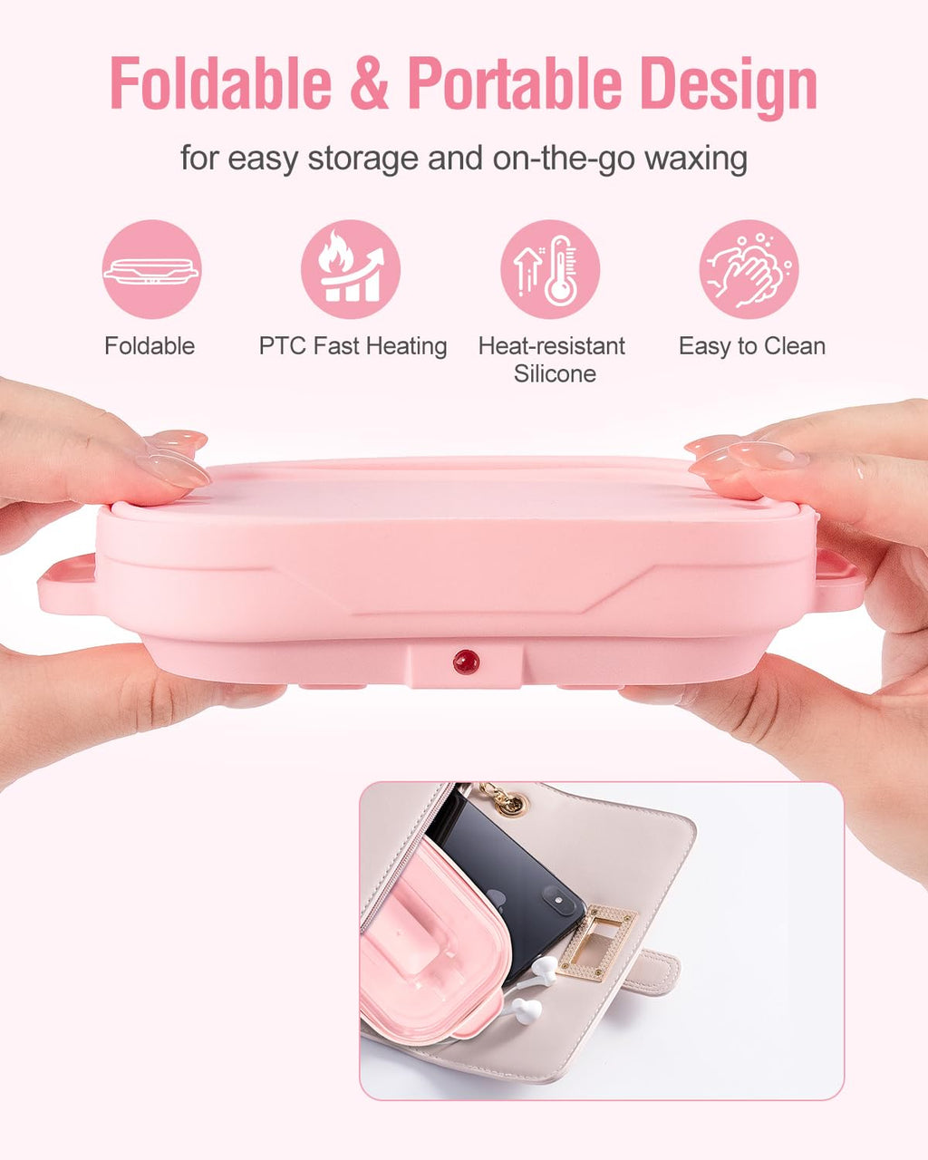 Waxing Kit, Silicone Wax Warmer with 4 Packs Hard Wax Beads, Protable Hot Wax Machine Pot for Full Body, Face, Eyebrows, Legs, Bikini, At Home Hair Removal Kit with 15 Accessories for Women Men, Pink