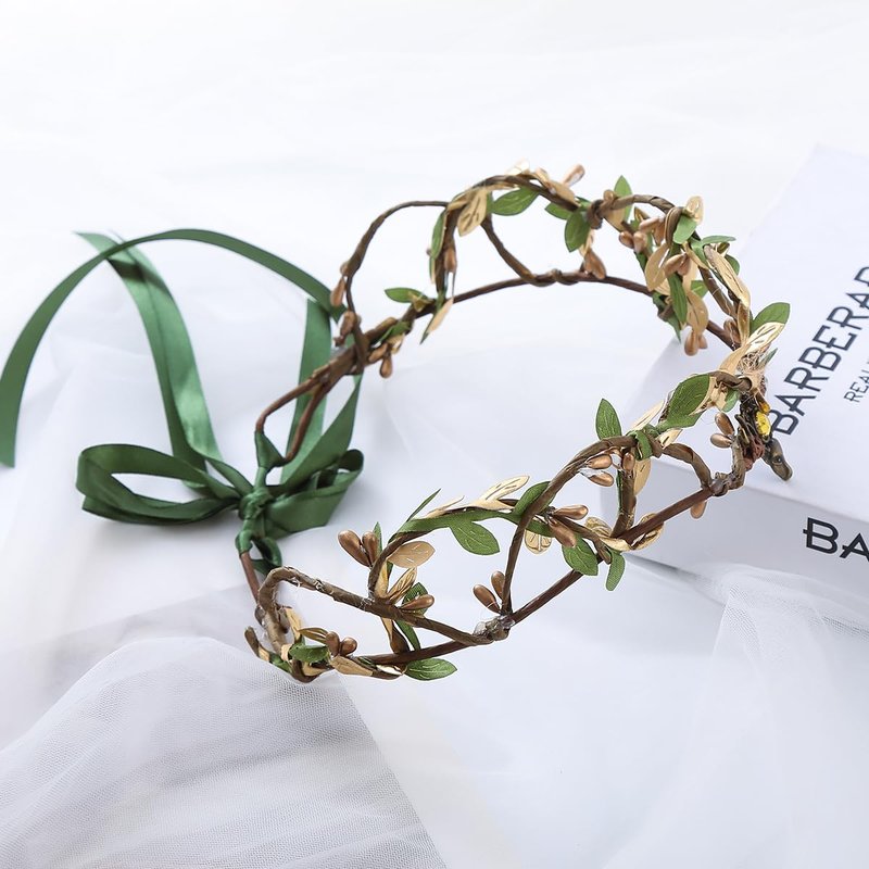 Vivivalue Golden Fairy Crown Flower Headband Floral Hair Wreath Even Headpiece Woodland Forest Circlet for Women Halloween Renaissance Wedding Bridal Cosplay Prom Photo Props