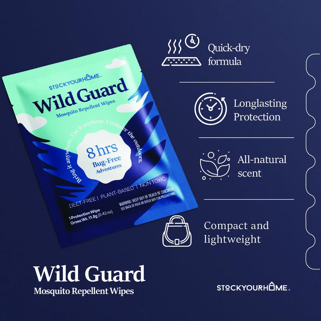 Wild Guard Mosquito Repellent Wipes (50 Pack), DEET Free Insect Repellent, Individually Wrapped Bug Wipes for Kids and Family, Travel Size for Camping, Hiking and Beach, 8 Hour Protection
