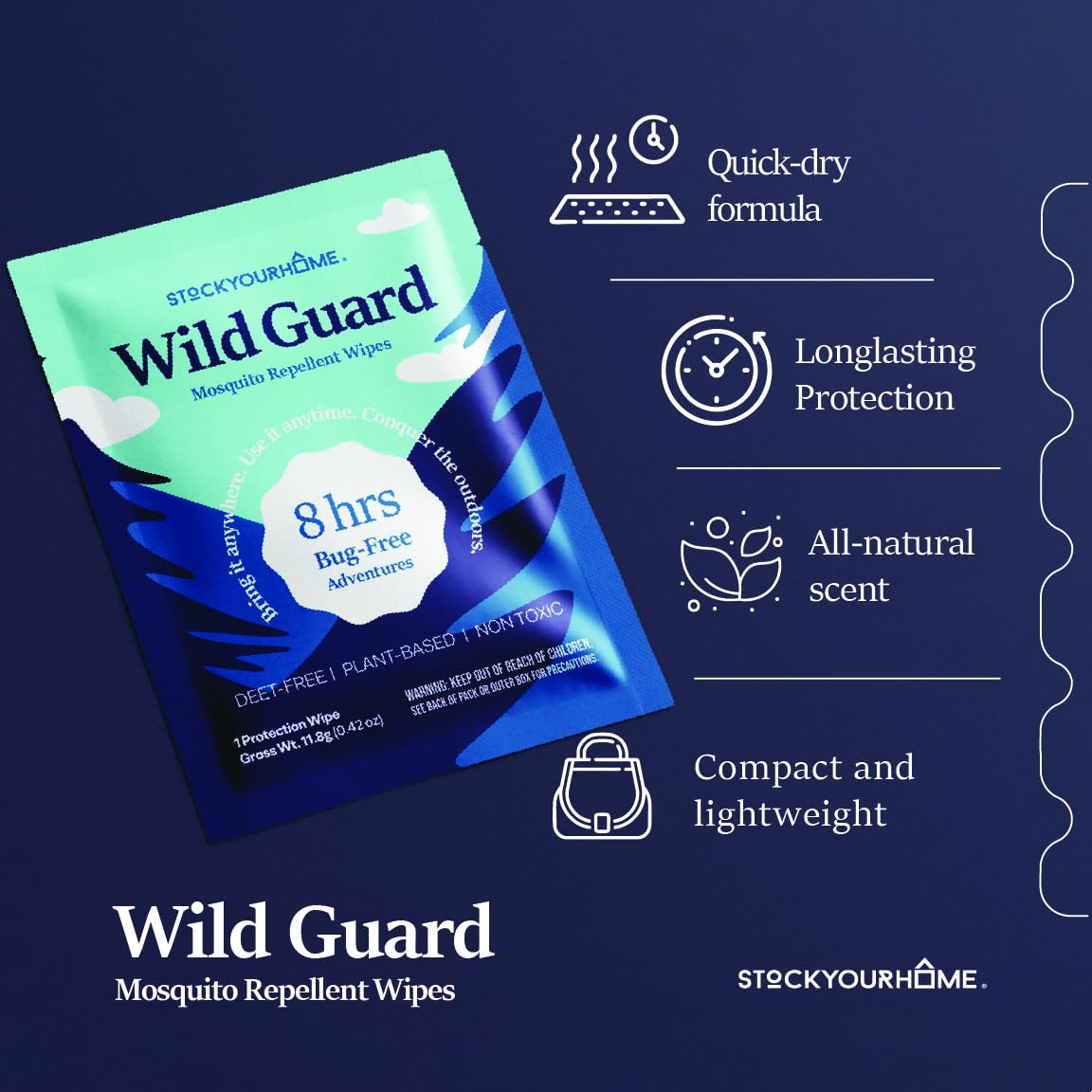 Wild Guard Mosquito Repellent Wipes (50 Pack), DEET Free Insect Repellent, Individually Wrapped Bug Wipes for Kids and Family, Travel Size for Camping, Hiking and Beach, 8 Hour Protection