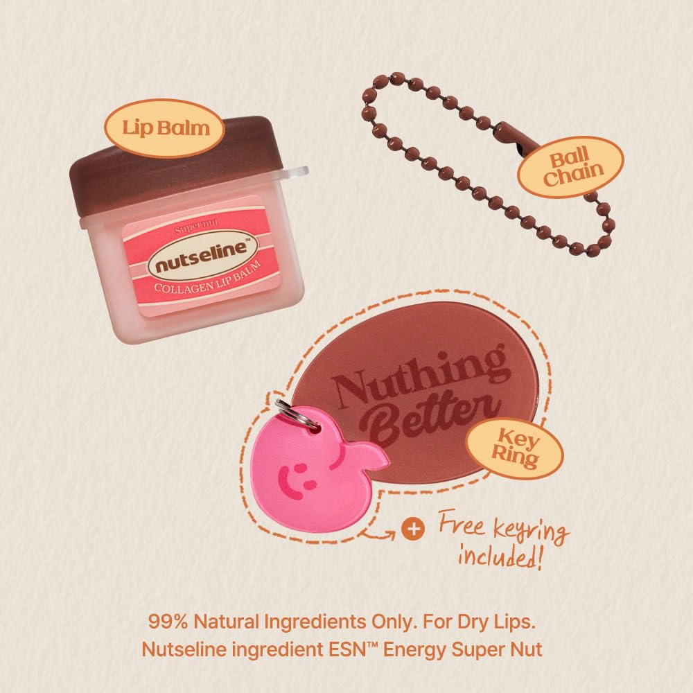 Nutseline Super Nut Collagen Keyring Lip Balm 11ml – 3-in-1 Lip Care Korean Skin Care, Plumps & Firms Lips, Collagen-Boosting, Shea Butter Formula for Hydration & Smoothness, Portable Keyring Design