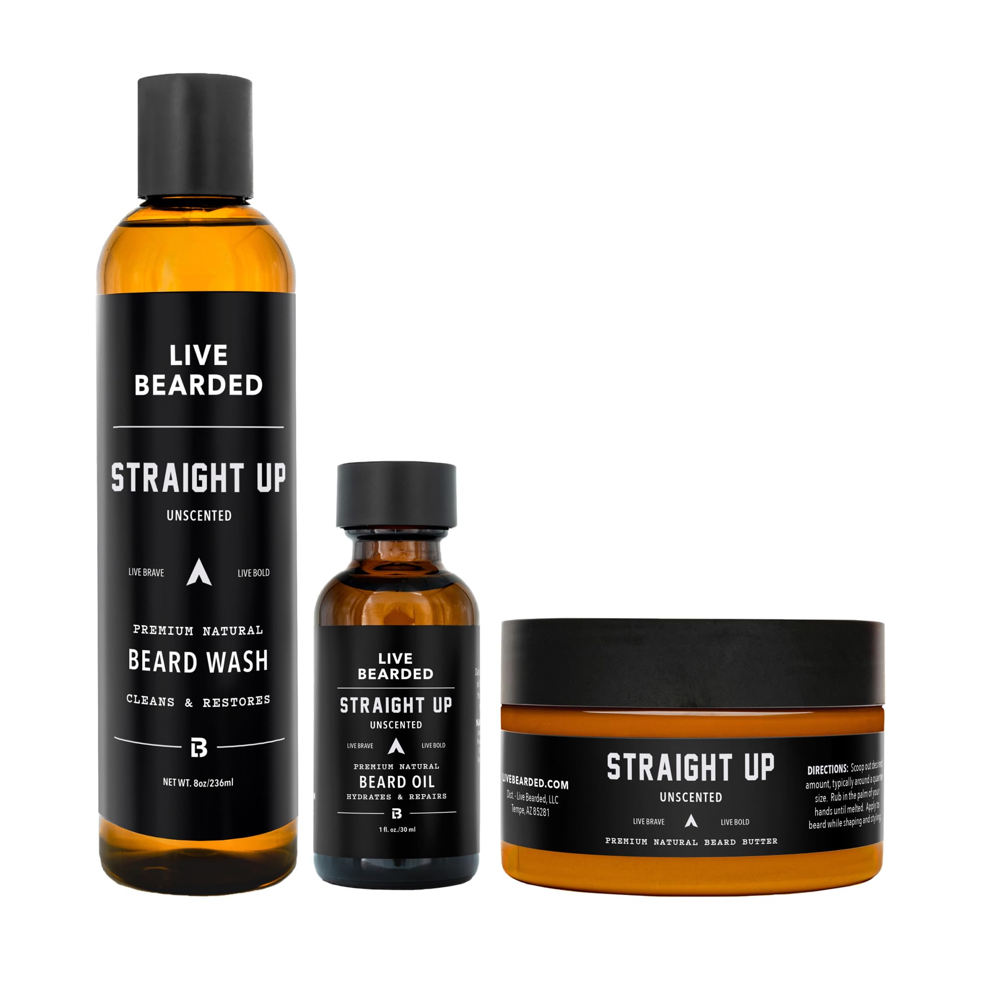 Live Bearded® 3-Step Beard Grooming Kit, Straight Up, Fragrance-Free