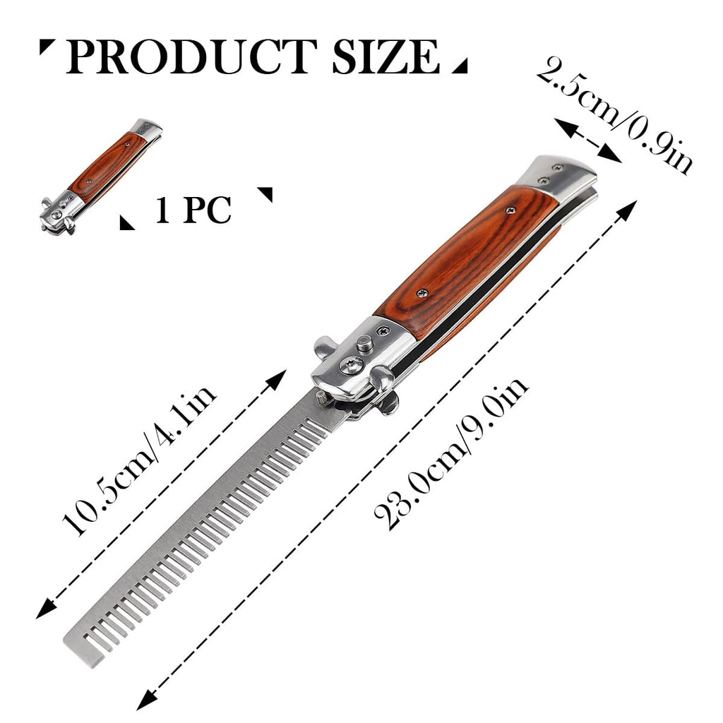 Stainless Steel Folding Comb with Wood Handle - Push Button Pocket Comb for Hair Styling
