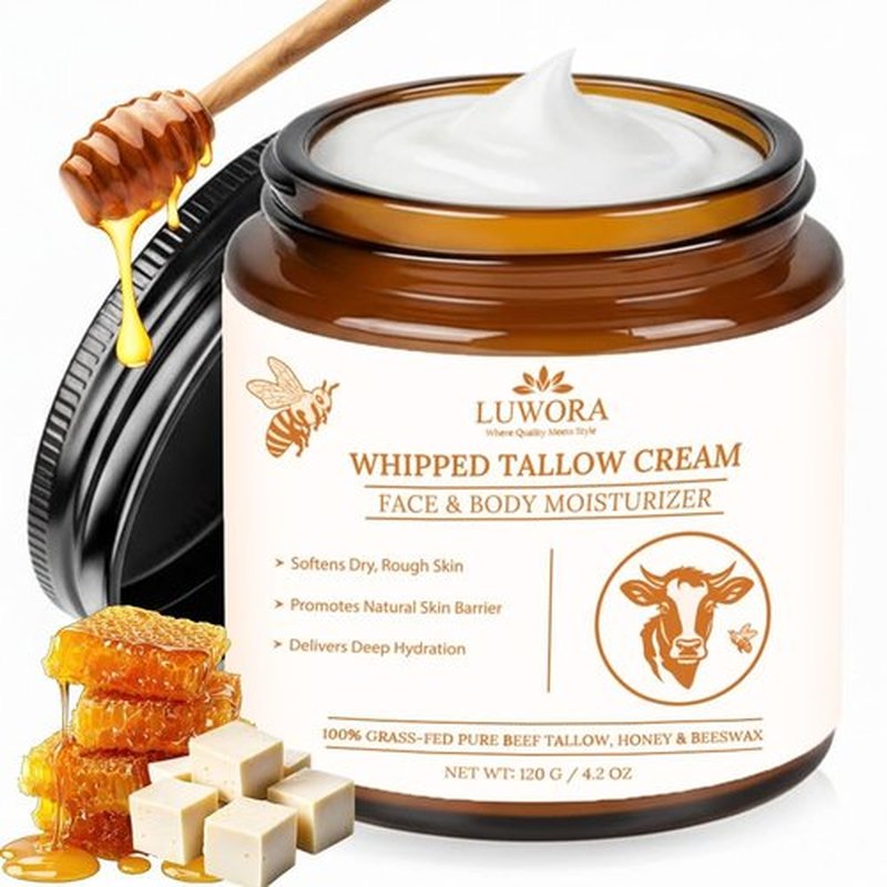 LUWORA Grass-Fed Beef Tallow Cream – Organic Moisturizing Tallow Balm for Face & Body, Whipped Tallow and Honey Balm Moisturizer, Anti Aging Skin Cream, Deep Hydration for Dry & Sensitive Skin