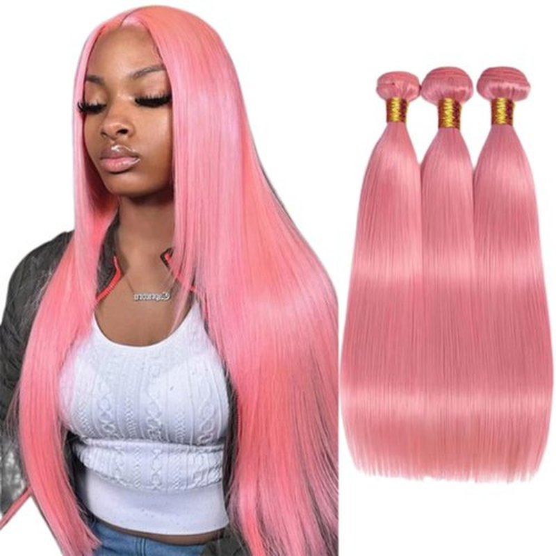 FuivJuix Pink Bundles Straight Bundles Human Hair 20 22 24 Inch Brazilian Virgin Hair 3 Bundle Pink Straight Bundles Human Hair Extensions 50 Gram Per Bundle