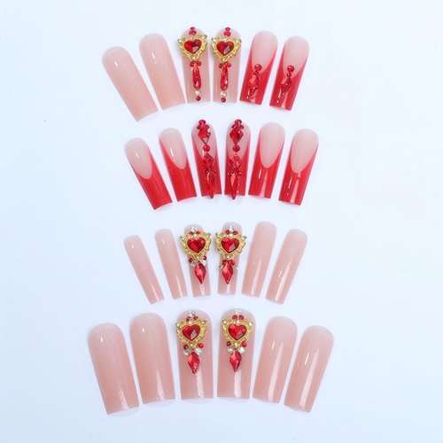 Rchovsam Xl French Tip Press on Nails Long Square False Nails Press Ons Red Love Diamond Design Fake Nail Red Stick on Nails Acrylic Full Cover Artificial Nail Gift for Women 24pcs