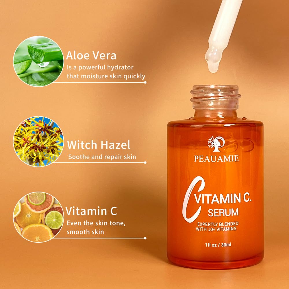 Peauamie Vitamin C Serum for Face Anti Aging with 2% Hyaluronic Acid and 1% Retinol Ferulic Acid,Moisturizer for Fine Lines and Wrinkles 1 fl oz