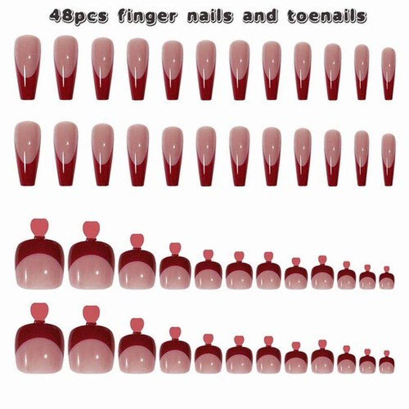 Outyua 48Pcs Press on Nails Toenails French Nail Tips Medium Length Flase Nail Finger Toe Nails Red Glossy Acrylic Fake Nail with Designs (Red French)
