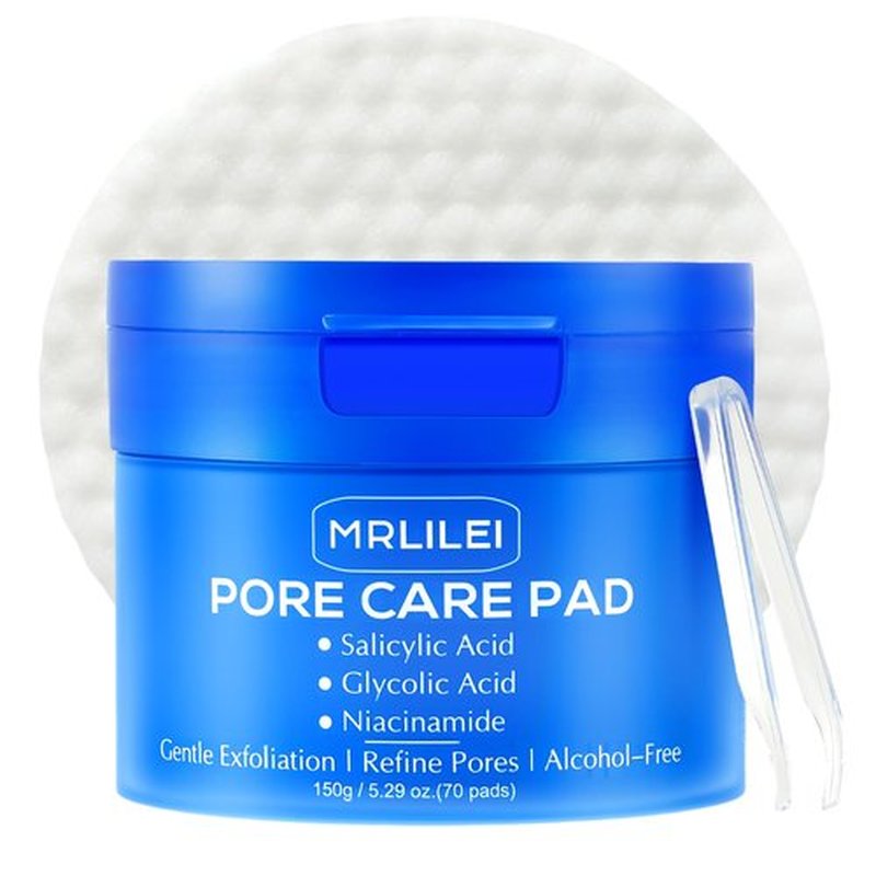 Mrlilei beauty BHA Salicylic Acid Toner Pads with Pore Care - Dual-Textured Facial Exfoliation Toner Pads with Glycolic Acid, Niacinamide Daily Face Skincare - 70 Pads + 4 Trial Pads