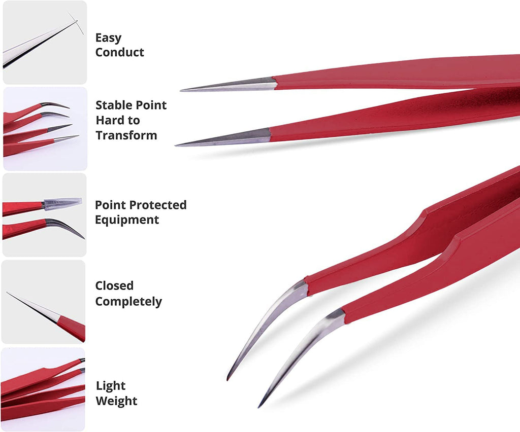 SIVOTE Eyelash Extension Tweezers for Classic & Volume Lashes, 2-Pack, Red