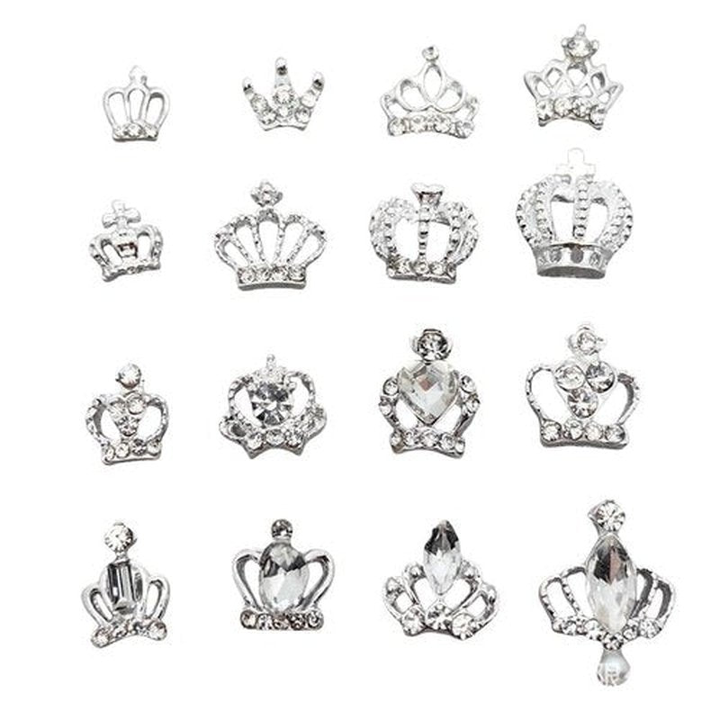 32pcs Rhinestone Metal Crown Nail Charms Shiny Silver Nail Rhinestones Exquisite Nail Art Design 3D Alloy Crown Nail Charms for Acrylic Nails Decorations Crystal Nail Jewels for Women Manicure