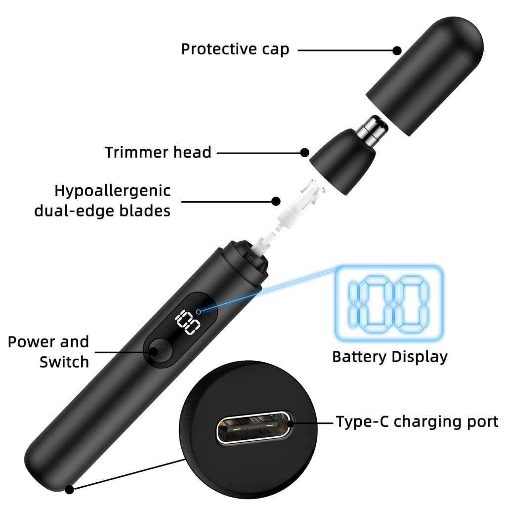 Smity Nose Hair Trimmer, Rechargeable Cordless Painless Ear Eyebrow Trimming Tool Dual Edge Blades Razor Easy Cleansing with LED Light for Man Woman (Black)