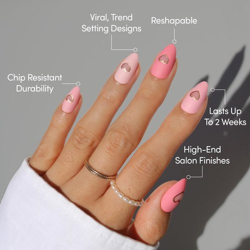 Glamnetic Press On Nails - Matte In Love | Short Almond Fake Nails with Metallic Gold Hearts | 30 Nail Kit in Mixed Pink Tones