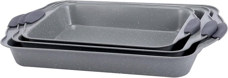 Anveena Nonstick Kitchen Oven Baking Pans - Premium Commercial Grade Bakeware with Red Silicone Handles | Easy to Clean Gray - 3-Piece Set