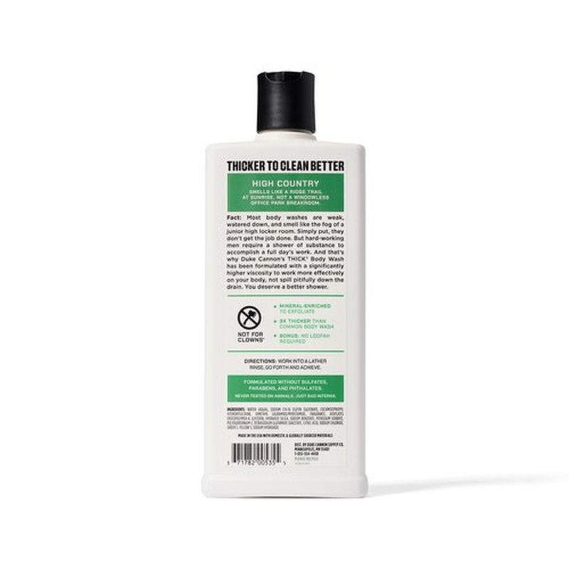 Duke Cannon Supply Co. Mens THICK Body Wash - Free of Sulfate, Paraben, & Phthalates Leaving Skin Soft and Hydrated - High Viscosity Odor Protection - Long Lasting Freshness - High Country (18oz)