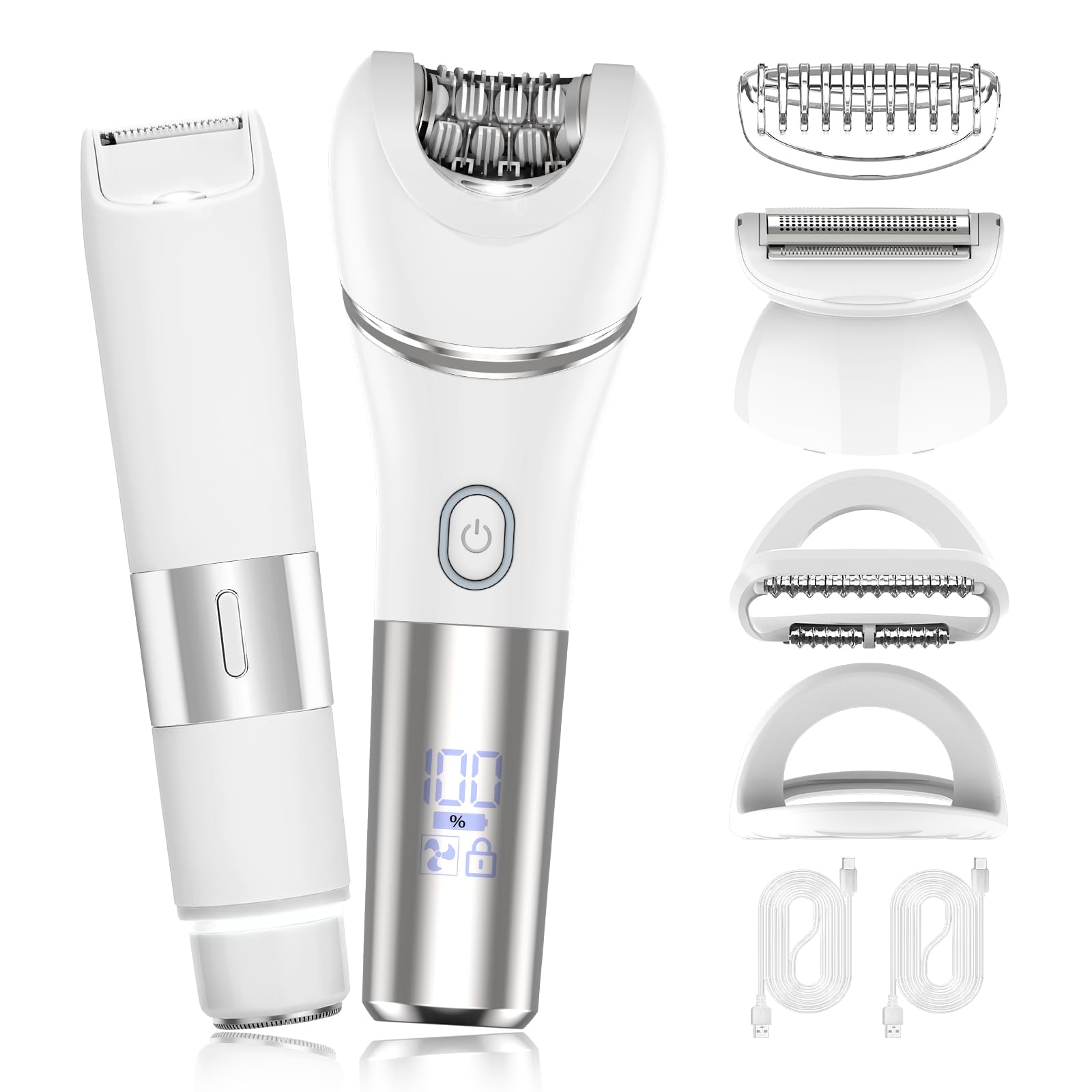Zesuti Epilators Hair Removal for Women-2 in 1 Eletctric Razors for Women,Dual Head Bikini Trimmer for Pubic Hair/Lady Facial Razor,Cordless Epilator Body Shaver for Smooth Wet/Dry Shaving,Led Light