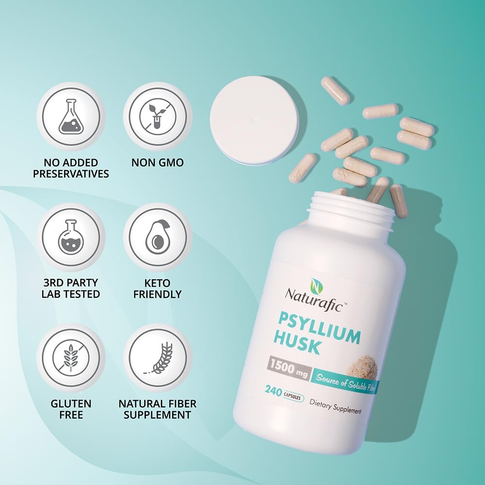 Psyllium Husk Capsules 1500mg – 100% Natural Fiber Supplement for Digestive Health & Regularity – Supports Gut Health & Weight Management – Non-GMO – 240 Capsules