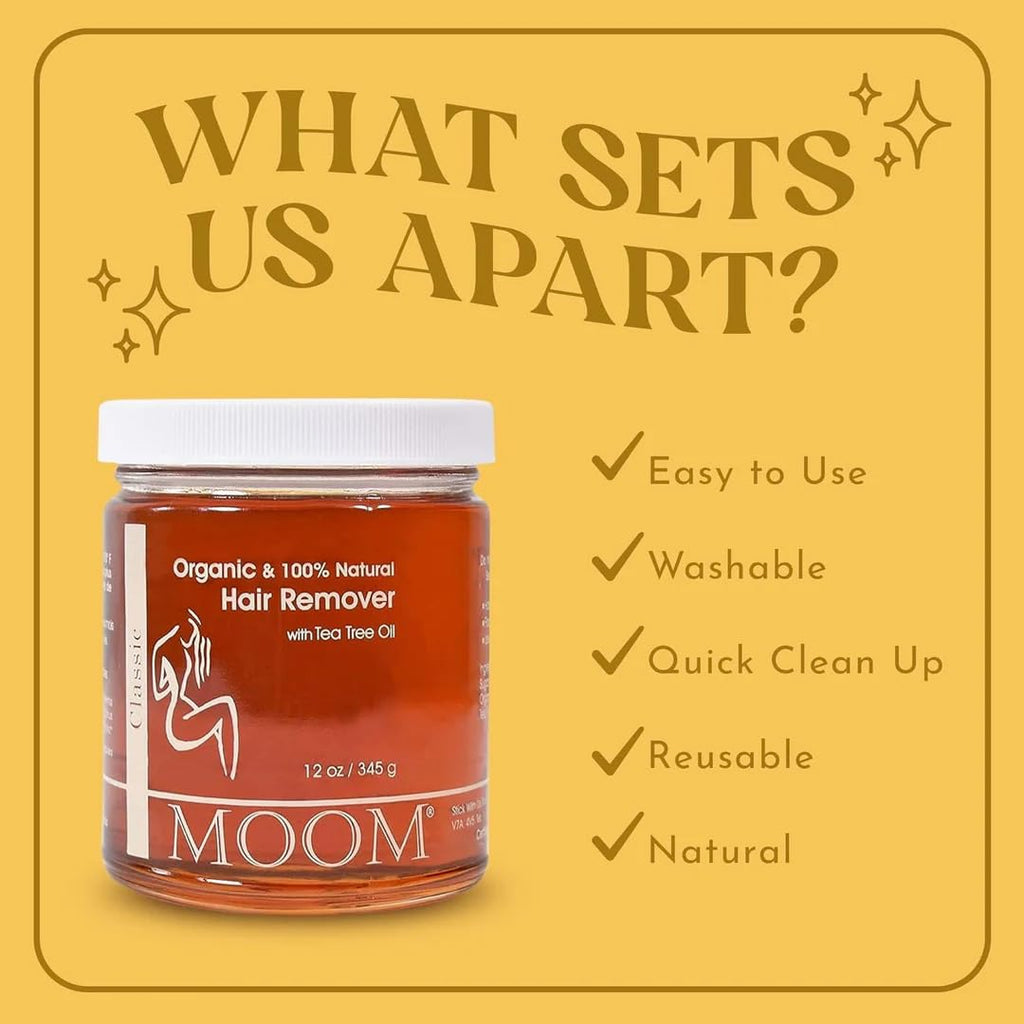MOOM USDA Organic Sugar Wax Hair Removal Kit with 12 oz wax & 48 Strips