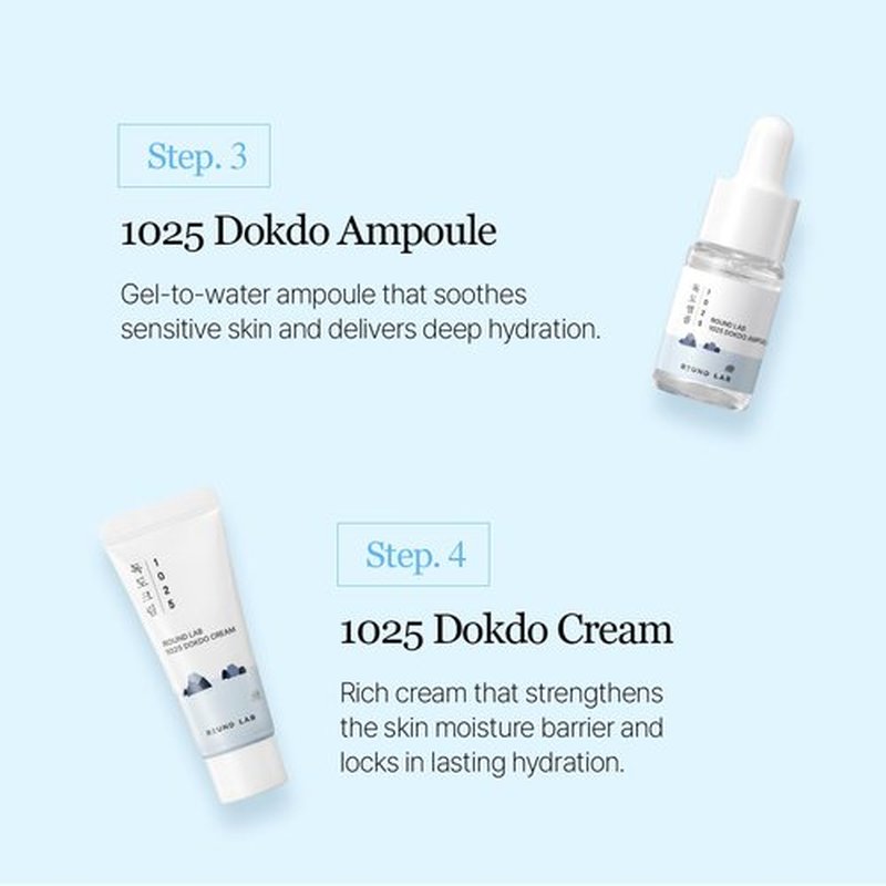 ROUND LAB 1025 Dokdo Hydrating Mini Size Kit (Cleanser, Toner, Ampule, Cream), Deep Hydration for Dry Skin, Daily Skin Care Routine Trial Kit for Moisture Care, Travel Size Gift Set, Korean Skin Care